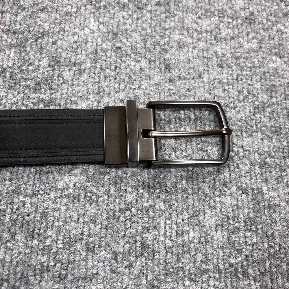 DVGJ Belt Mens L 38-40 Black Faux Leather Silver Buckle Classic Reversible